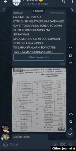 Mirishkor tumanidagi maktab o‘qituvchisidan ota-onalarga yuborilgan xabar skrinshoti.